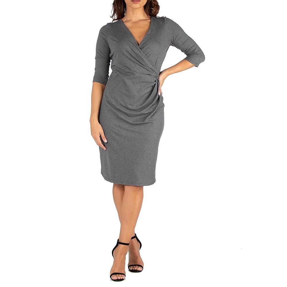 NWT 24Seven Comfort Apparel Womens L Gray Draped In Style V Neck Dress